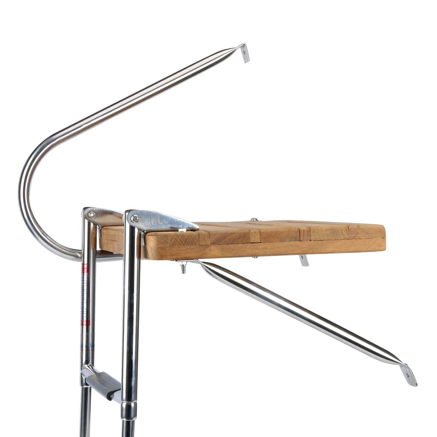 Amarine Made Boat Outboard Universal Teak Wooden Swim Platform Under Mount Fold Down 3 Step Stainless Steel Ladder with Single Handrail 250 lbs Capacity-with Screws