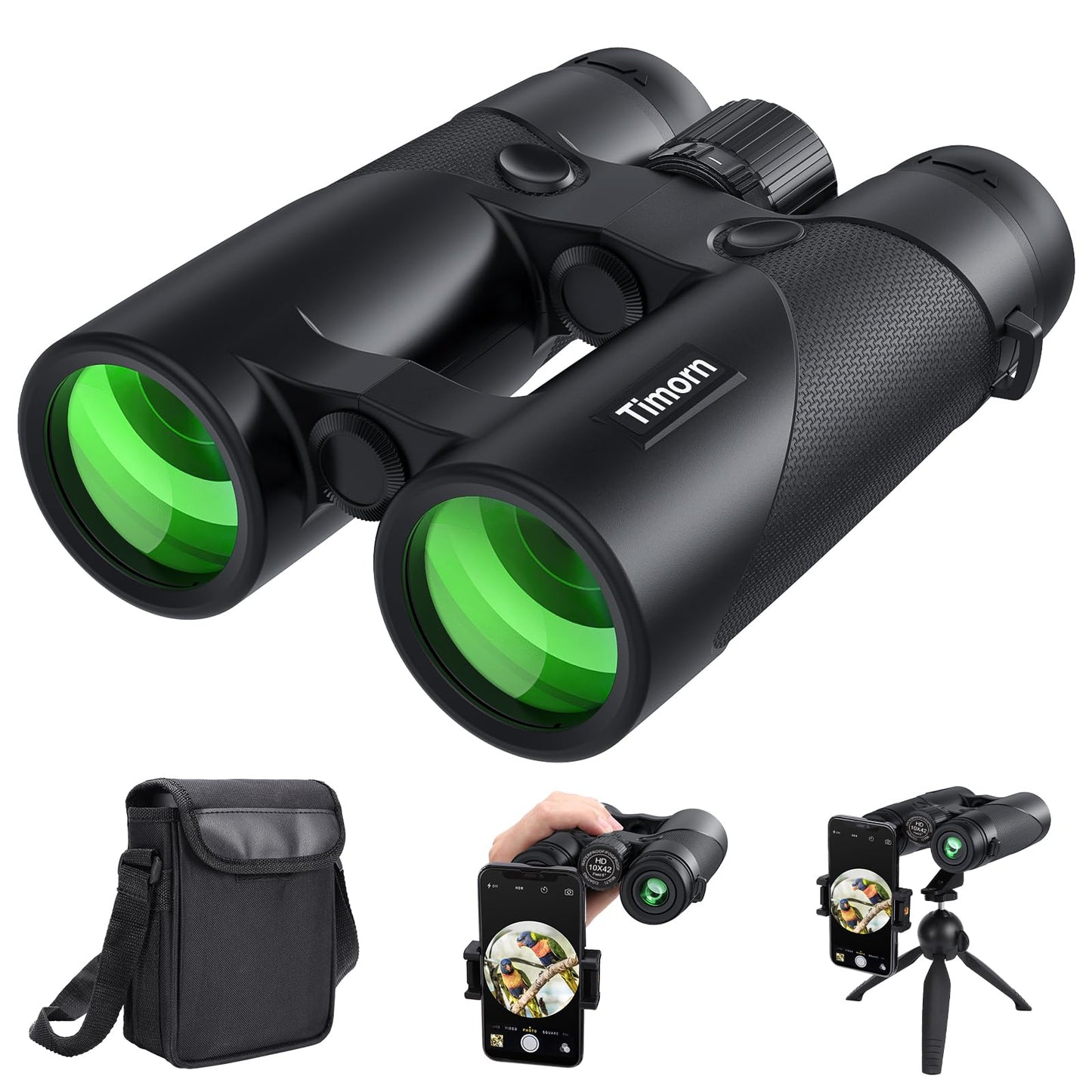 10x42 HD Binoculars for Adults High Powered: Timorn Powerful Binoculars for Bird Watching with Phone Adapter Tripod, Waterproof Fogproof Lightweight Binocular for Birding, Hiking,Travel, Sports