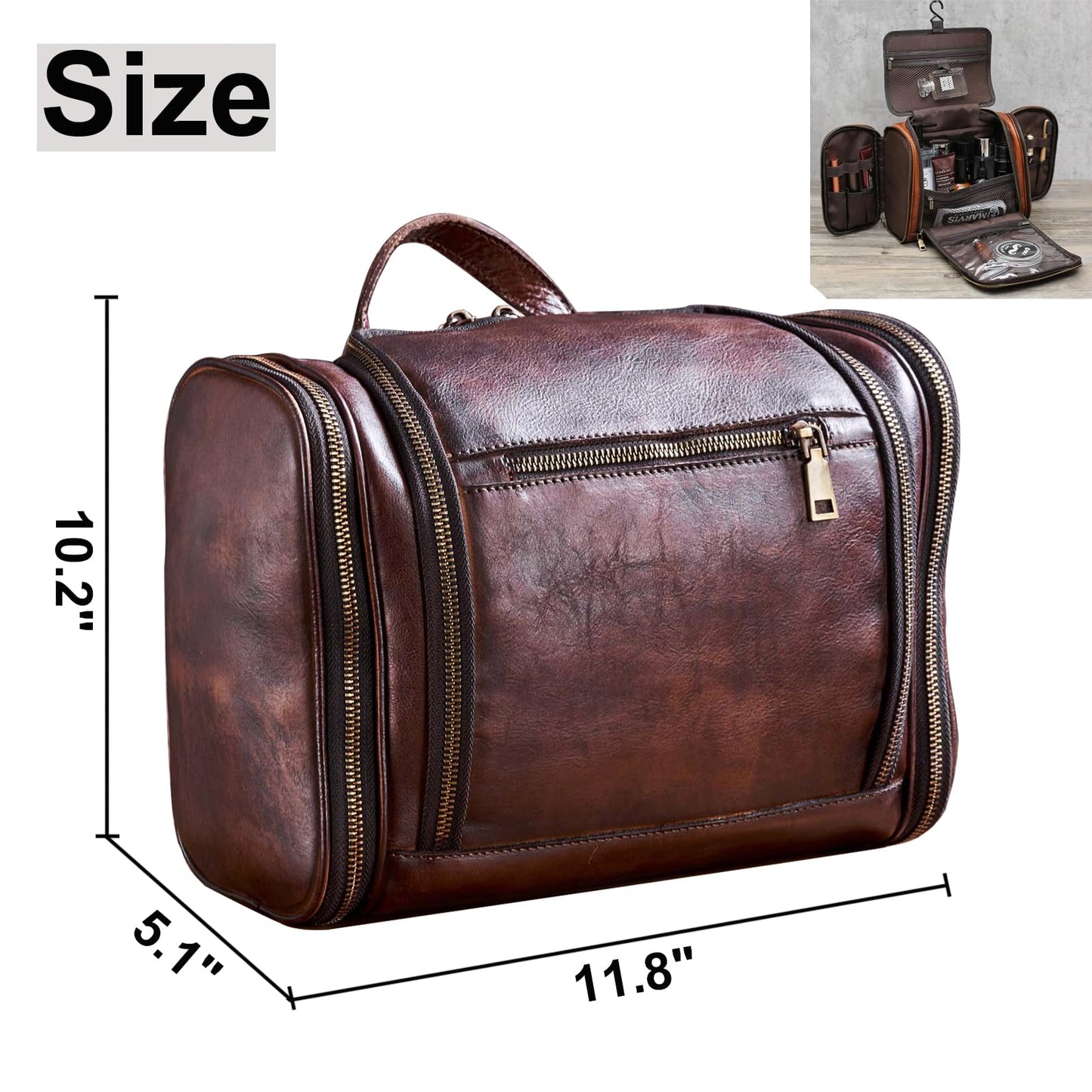 RC ROCKCOW Toiletry Bag For Men, Genuine Leather Toiletries Organizer, Large Travel Hanging Toiletry Bag Water-resistant Bathroom Shaving Kit for Cosmetics, Makeup Case Travel Dopp Kit