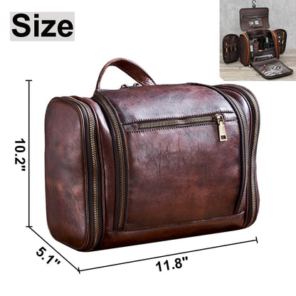 RC ROCKCOW Toiletry Bag For Men, Genuine Leather Toiletries Organizer, Large Travel Hanging Toiletry Bag Water-resistant Bathroom Shaving Kit for Cosmetics, Makeup Case Travel Dopp Kit
