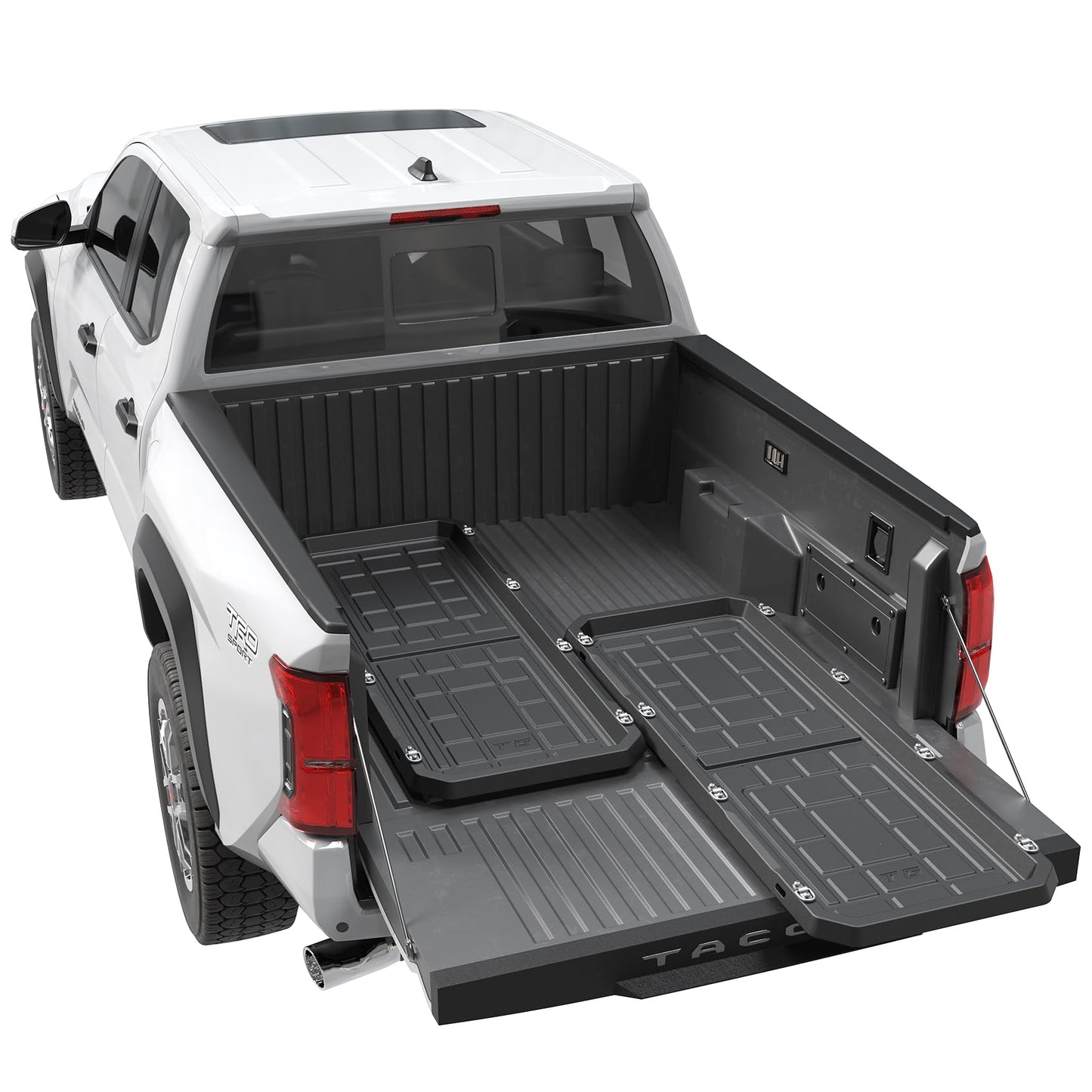 Trumgeta Slide-Out Truck Bed Cargo Tray Fit for Mid-Size & Full-Size Pickup, Fast-Drain Channel & Safer Wrapped Edges, Cargo Storage System with Easy Tailgate Access