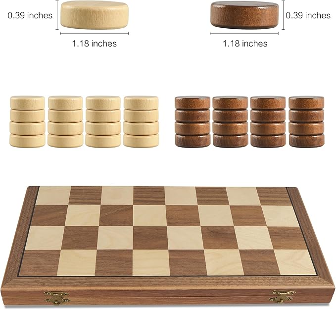 Walnut 15 Magnetic Checkers Board Game Set - Folding Wooden 8x8 Chessboard with 24 Interlocking Pieces Storage Slots - Family Strategy Game for Beginners &amp Kids Adults