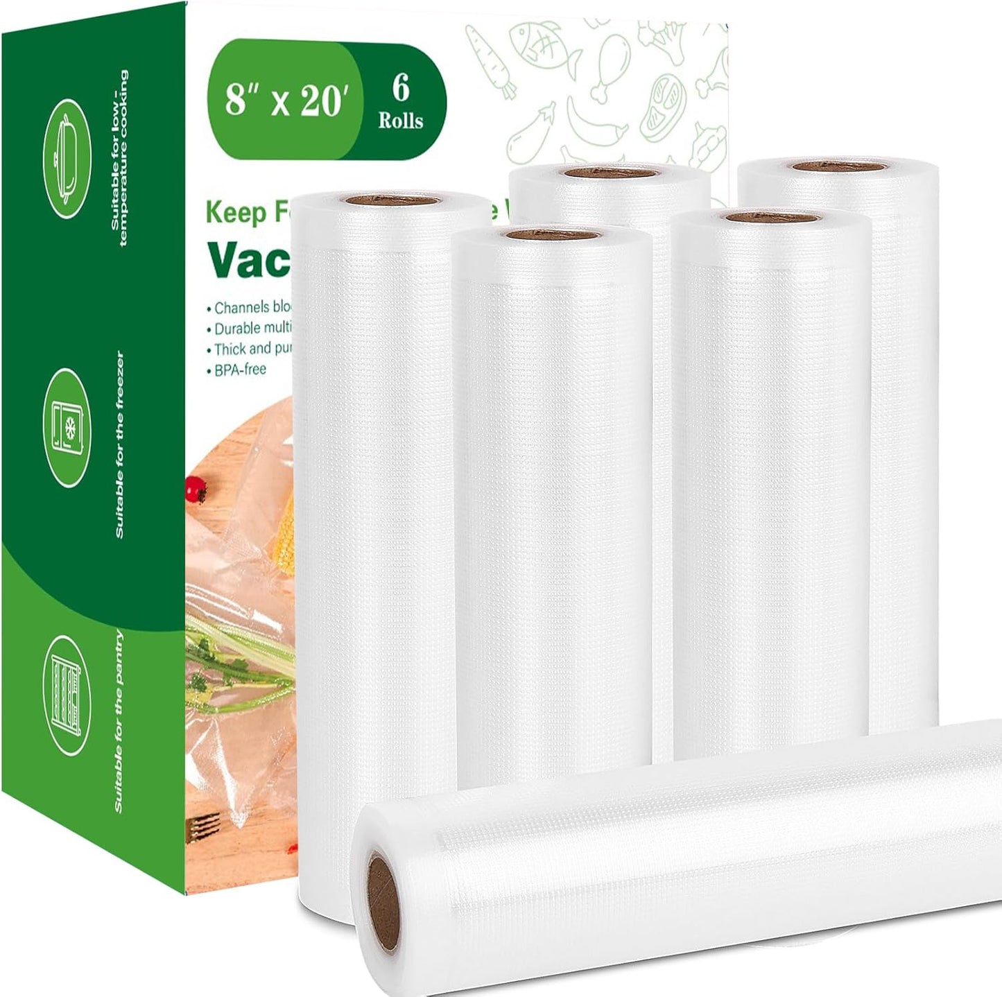 Moretoes Vacuum Sealer Bags - 6 Rolls 8" x 20' BPA-Free Food Storage Bags for Sous Vide & Meal Prep