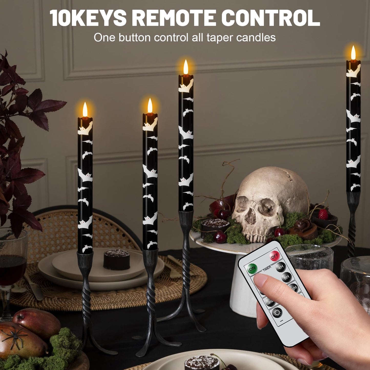 Wondise Black Halloween Flameless Taper Candles with Remote & Timer, Halloween Battery Operated Candles with Bats Decals Waxy 3D Wick Flickering for Halloween Decorations