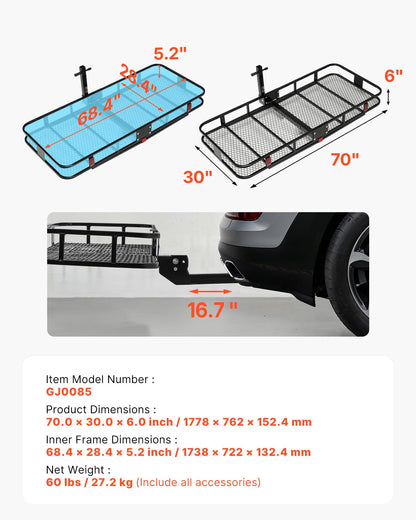 VEVOR 70" x 30" x 6", Hitch Cargo Carrier, 500 lbs Capacity with Nighttime Reflective Reminder, Folding Hitch Mount Cargo Carrier Basket with Hitch Lock for 2" Receiver, Fit for SUVs