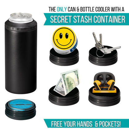 TheChewzie Universal Can Cooler with Hidden Storage - Fits 12 oz Cans & Bottles - Tobacco Can Holder - Stainless Steel, Black Universal Fit