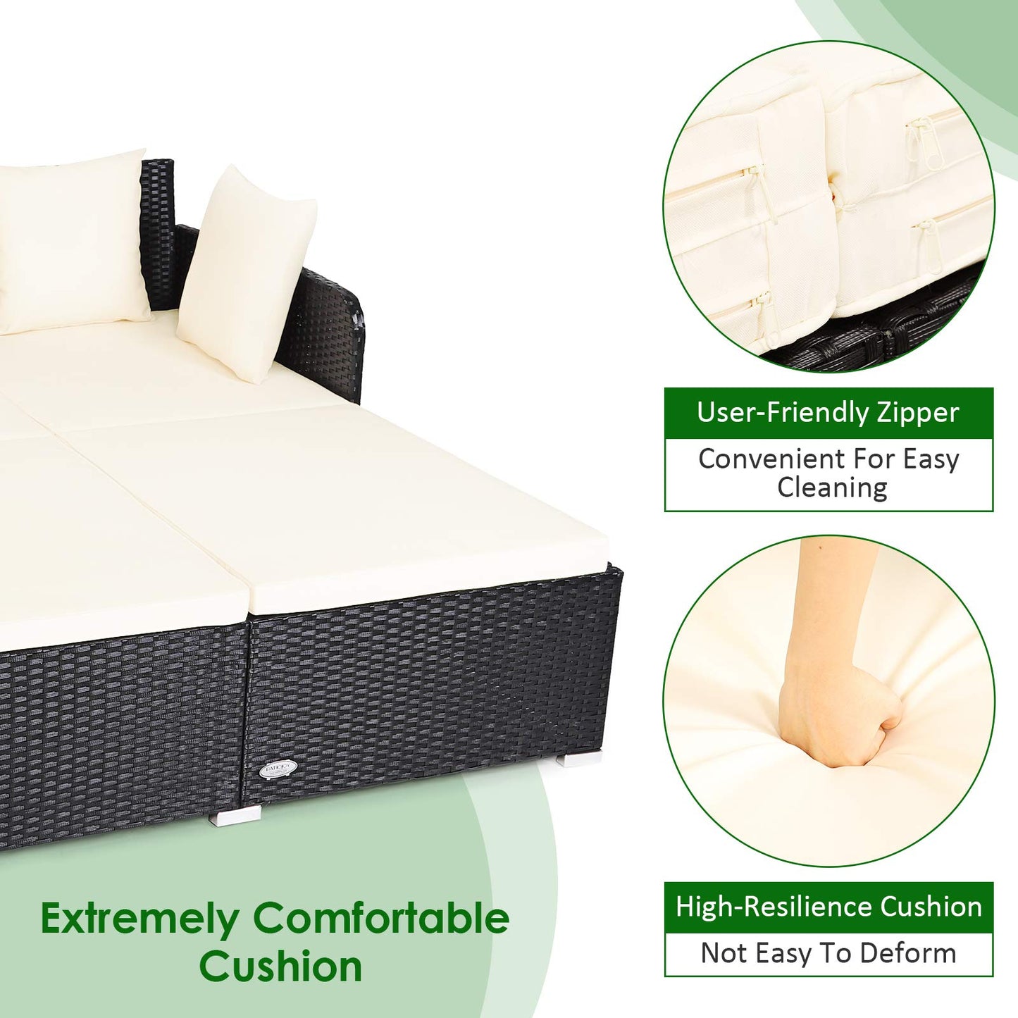 COSTWAY Outdoor Patio Rattan Daybed, Sponge Cushioned Loveseat Sofa with 4 Pillows, Wicker Furniture Sunbed for Balcony, Courtyard (Beige)