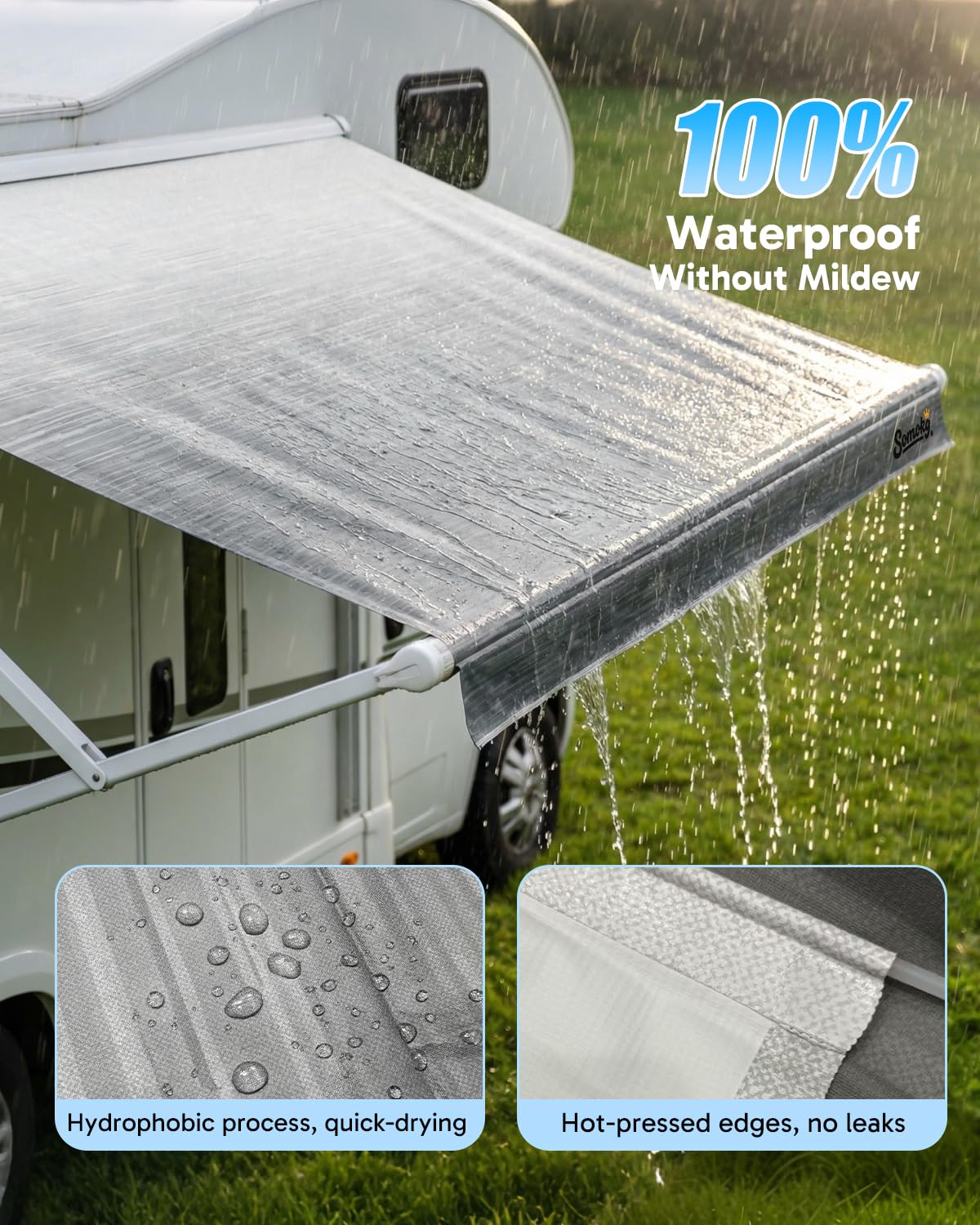 RV Awning Fabric Replacement, 19.5oz Heavy-Duty Vinyl Camper Awning, Heat-Sealed Seamless, DIY Setup, UPF 50+ Waterproof Canopy for Camper, Trailer, Motorhome (Graphite Gray, 16FT(Fabric 15'2"))