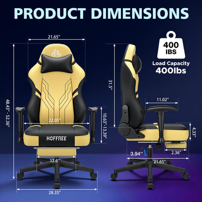 HOFFREE Gaming Chair with Footrest 160° Reclining Computer Chair with 15° Rocking Function Ergonomic Game Chairs for Adults 400lbs Home Office Compueter Desk Chair with 2D Armrests Yellow and Black