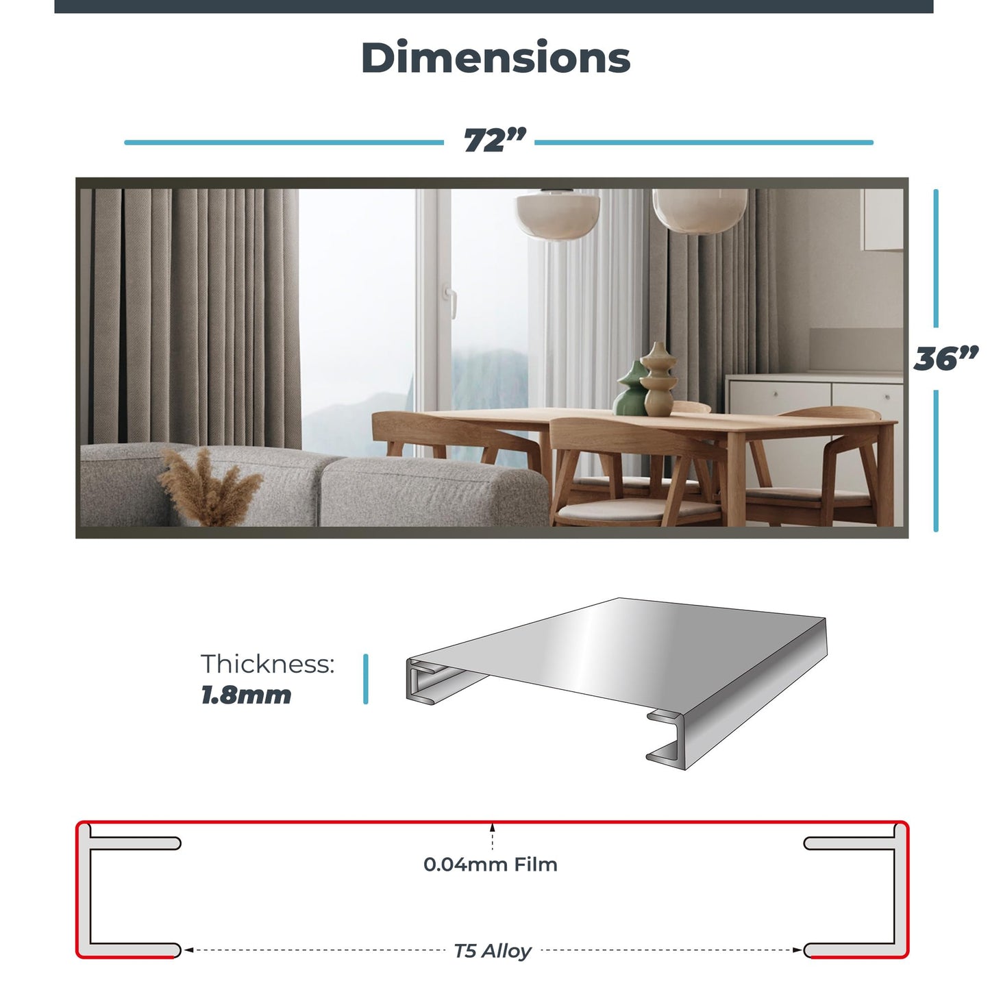 Nano Full Length Mirror Shatterproof Oversized Full Body Glassless Mirror for Home Gym Dance Studio and Workout Room 36" x 72" Chrome