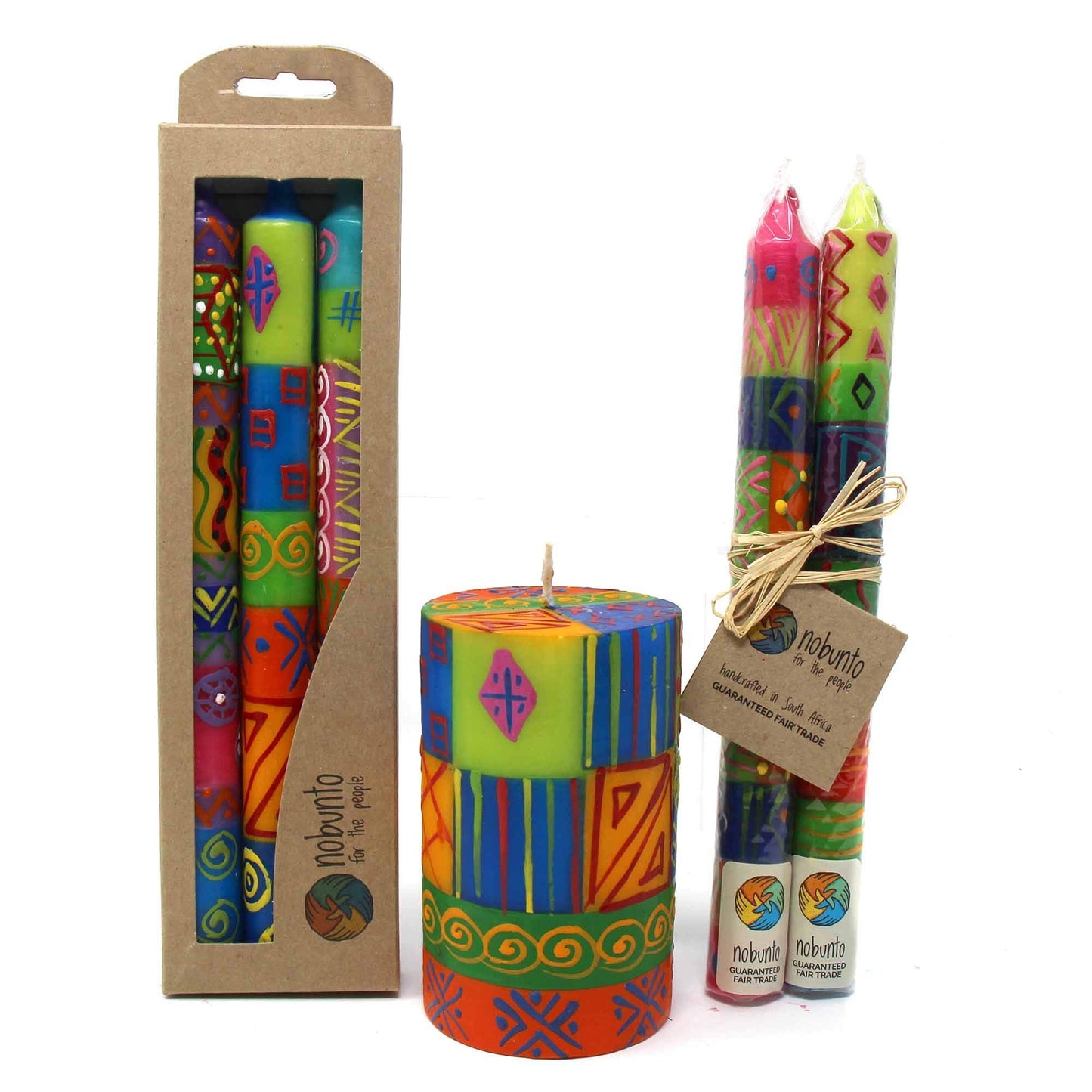 Global Crafts Shahida Design - Hand Painted Pillar Candle - Unscented African Geometric Gift Box