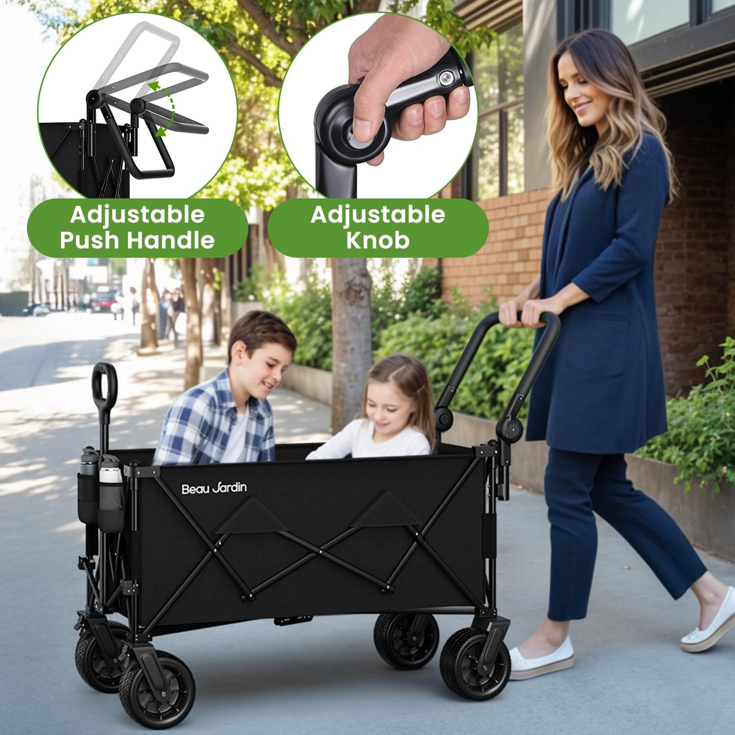 BEAU JARDIN Folding Push & Pull Beach Wagon 500 lbs Collapsible Foldable Wagons with Push Handle All Terrain Wheels Grocery Utility Camping Skiing Ice Fishing Sports Garden Wagon Cart Black