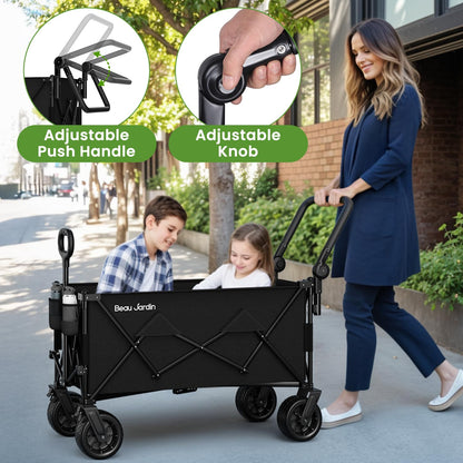 BEAU JARDIN Folding Push & Pull Beach Wagon 500 lbs Collapsible Foldable Wagons with Push Handle All Terrain Wheels Grocery Utility Camping Skiing Ice Fishing Sports Garden Wagon Cart Black