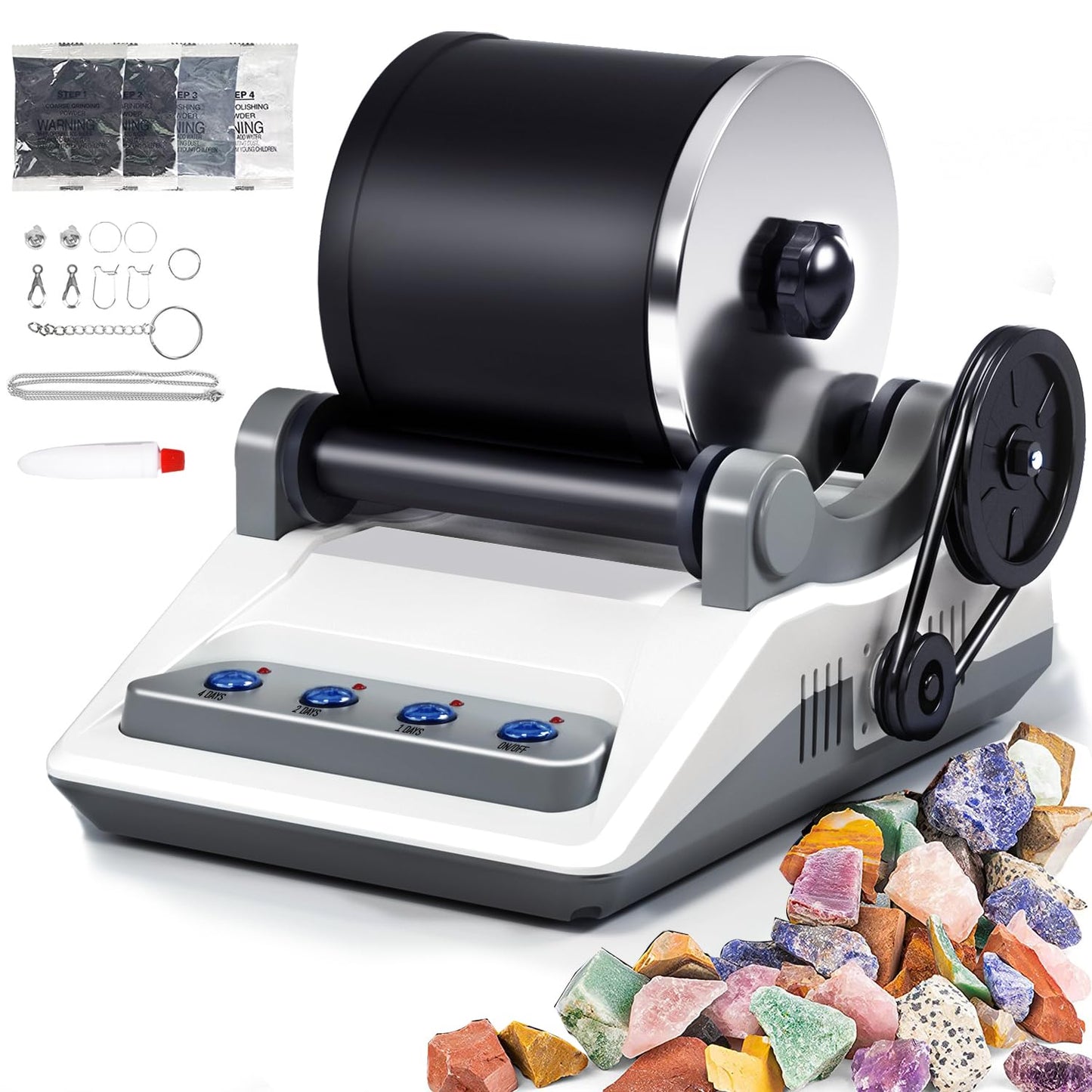 Zcvtbye Rock Tumbler Kit,Rock Polisher for Kids & Adults,Includes 2 Belts,Bag of Rough Stones,4 Coarse Grinding,Finely Ground,Polishing Grits