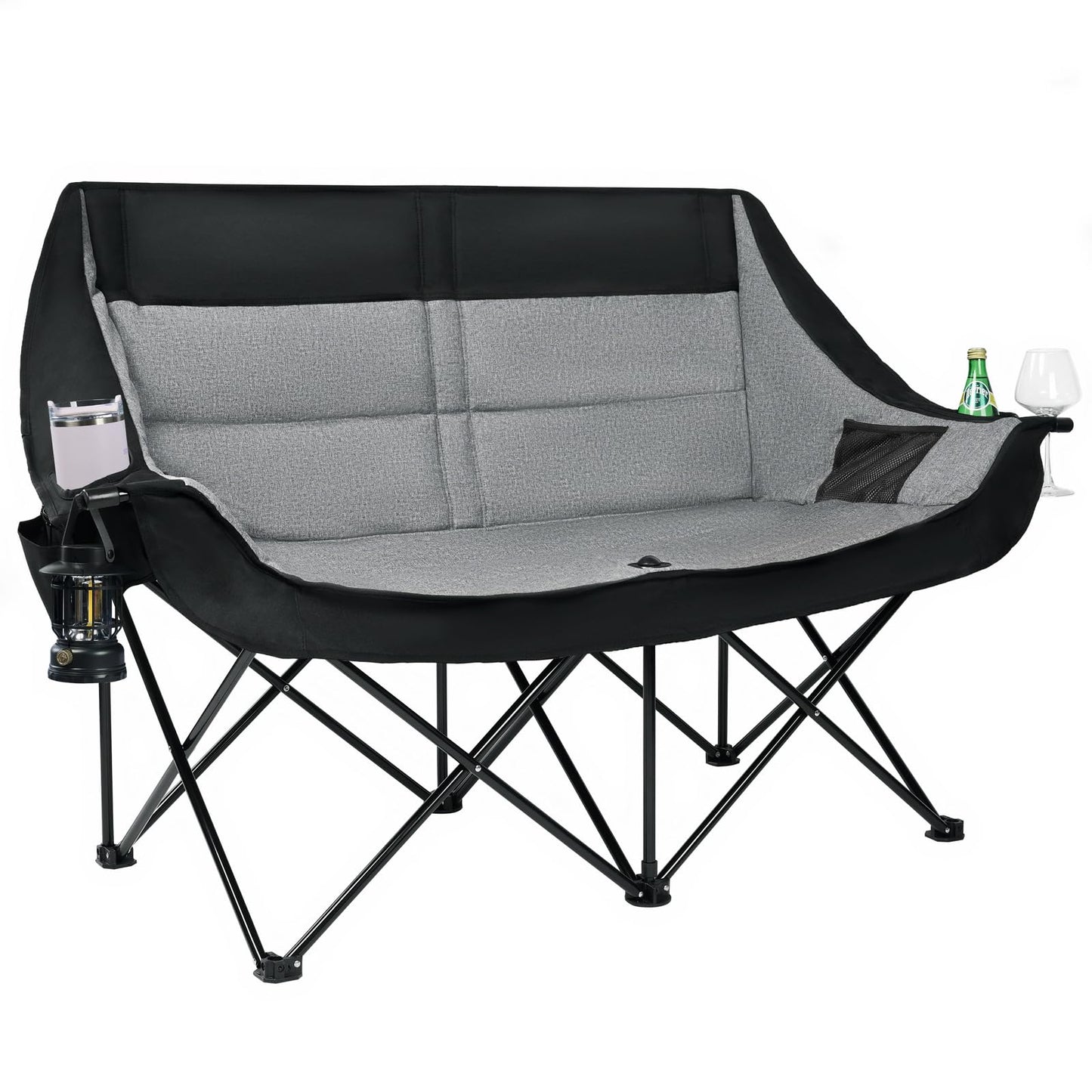 RVIEIS Double Camping Chair 2 Person Loveseat Oversized Padded Camping Couch Heavy Duty Portable Folding XL Camp Chair with Cup Holder Side Pocket for Outdoor Lawn Beach Sport Support 800LBS, Grey