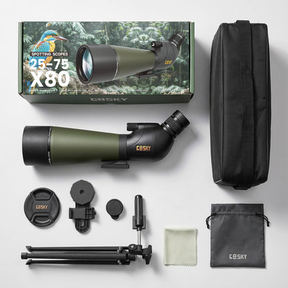 Gosky Flagship 25-75x80 Spotting Scope - Spotting Scopes with Tripod, Carrying Bag and Quick Phone Holder BAK4 Waterproof Spotter Scope for Bird Watching Target Shooting,Upgraded Version