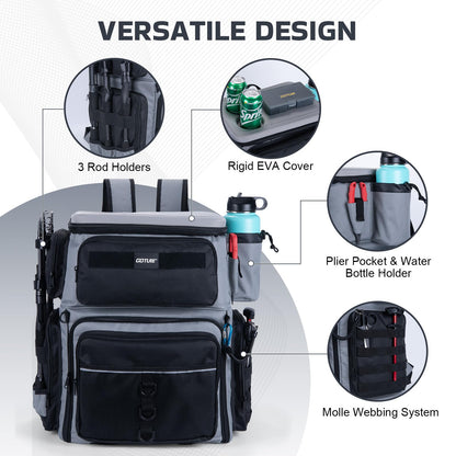 Goture Fishing Backpack with Cooler, 66L 600D Tackle Backpack with 3 Rod Holders, EVA Cover, Helmet Holder, Rain Cover, Saltwater Large Fishing Bag for Camping Hiking, Gear Storage Bag, Gifts for Men