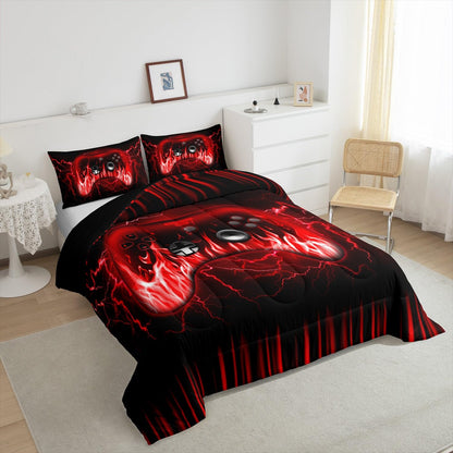 Feelyou Kids Gaming Comforter Set,Boys Gamer Bedding Set Full Size,Teens Bedroom Room Decor,Red and Black Game Contoller Comforter,Geometric Fire Ombre Game Bed Set All Season for Game Lovers