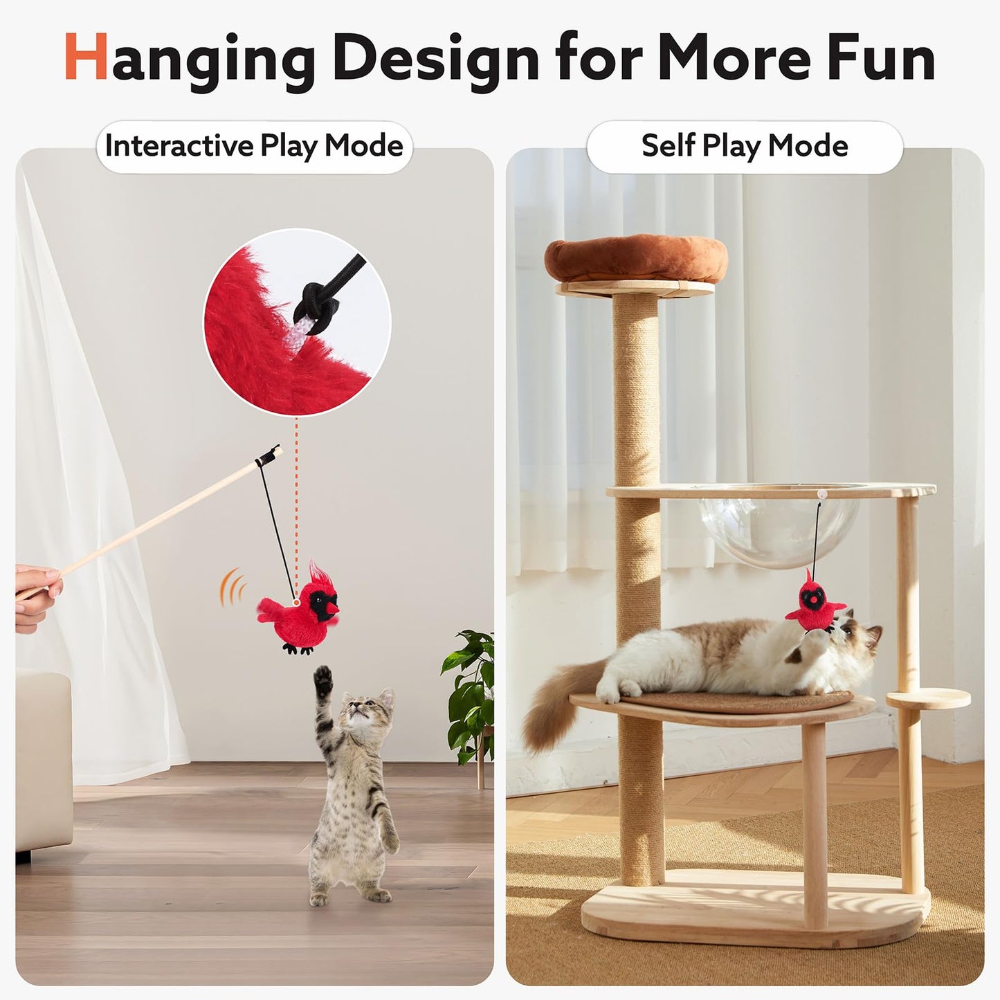 AIPERRO Flapping Cardinal Cat Toys, Interactive Cat Exercise Toy with Lifelike Bird Chirp, USB Rechargeable Automatic Cat Kicker Catnip Toys for Bored Indoor Adult Cats Kittens