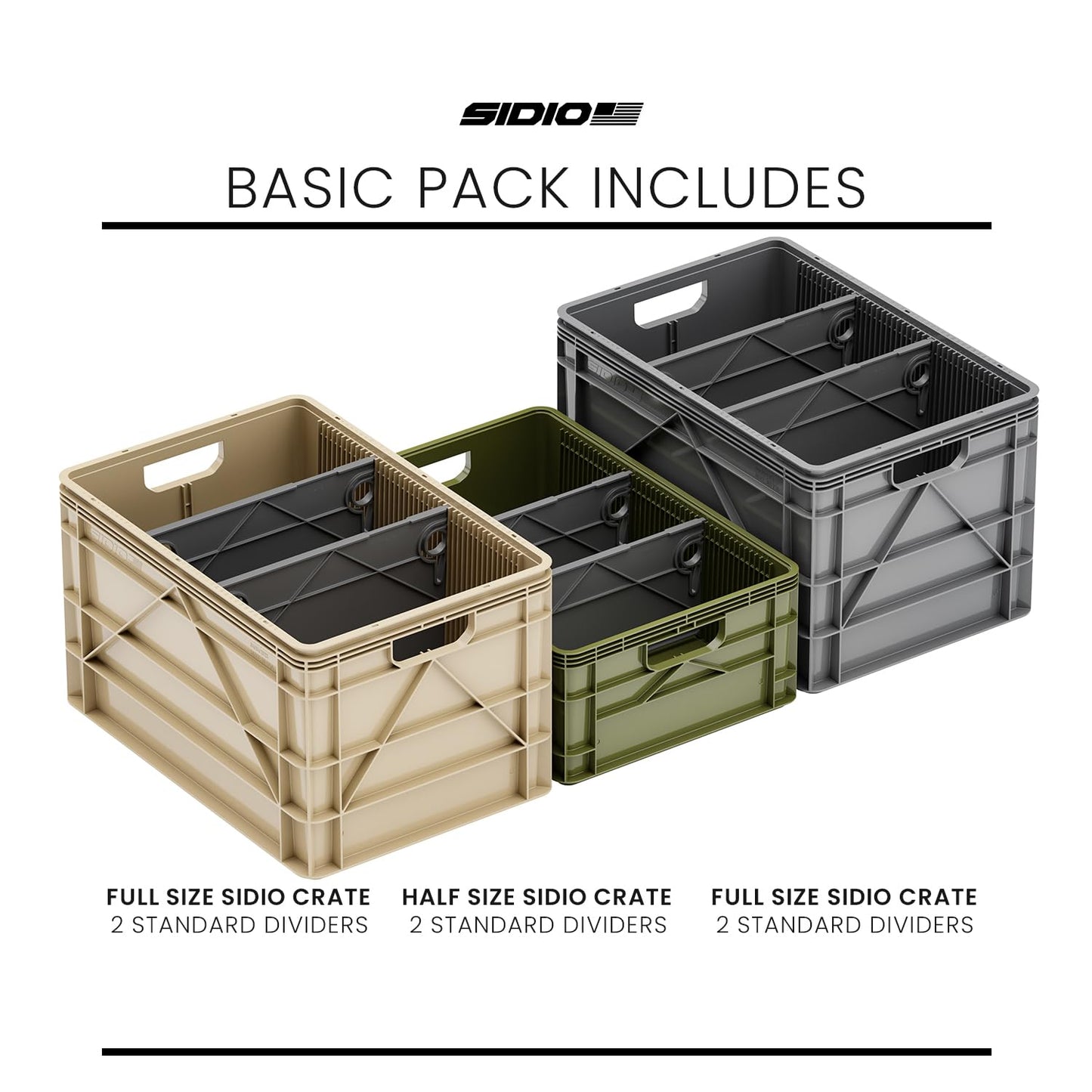 SIDIO Crate Basic Pack - 2 Full-Size & 1 Half-Size Heavy Duty Stackable Storage Bins, Totes, Containers with Dividers - Durable Organizer for Home, Office, Garage, and Outdoor Use, Camo Variety Pack