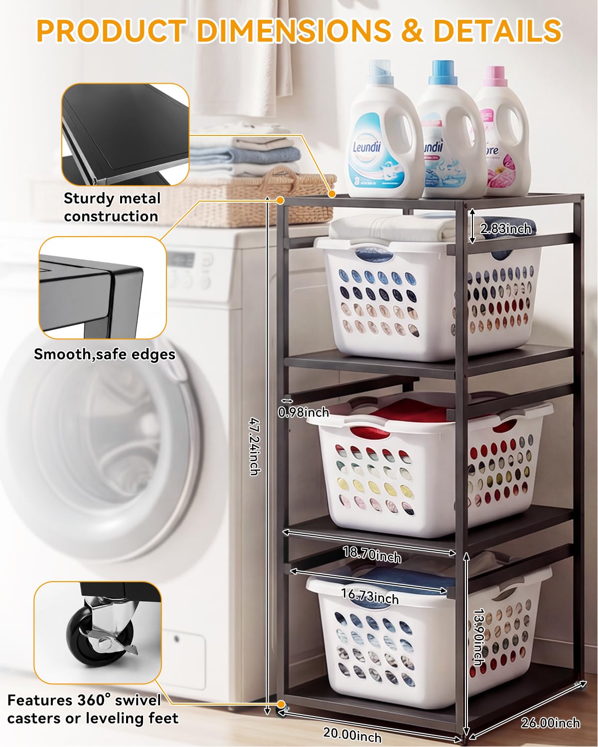 Laundry Basket Holder Shelf, 3-Tier Metal Laundry Basket Organizer with Wheels, Rolling Laundry Storage Rack for Bathroom, Bedroom & Laundry Room
