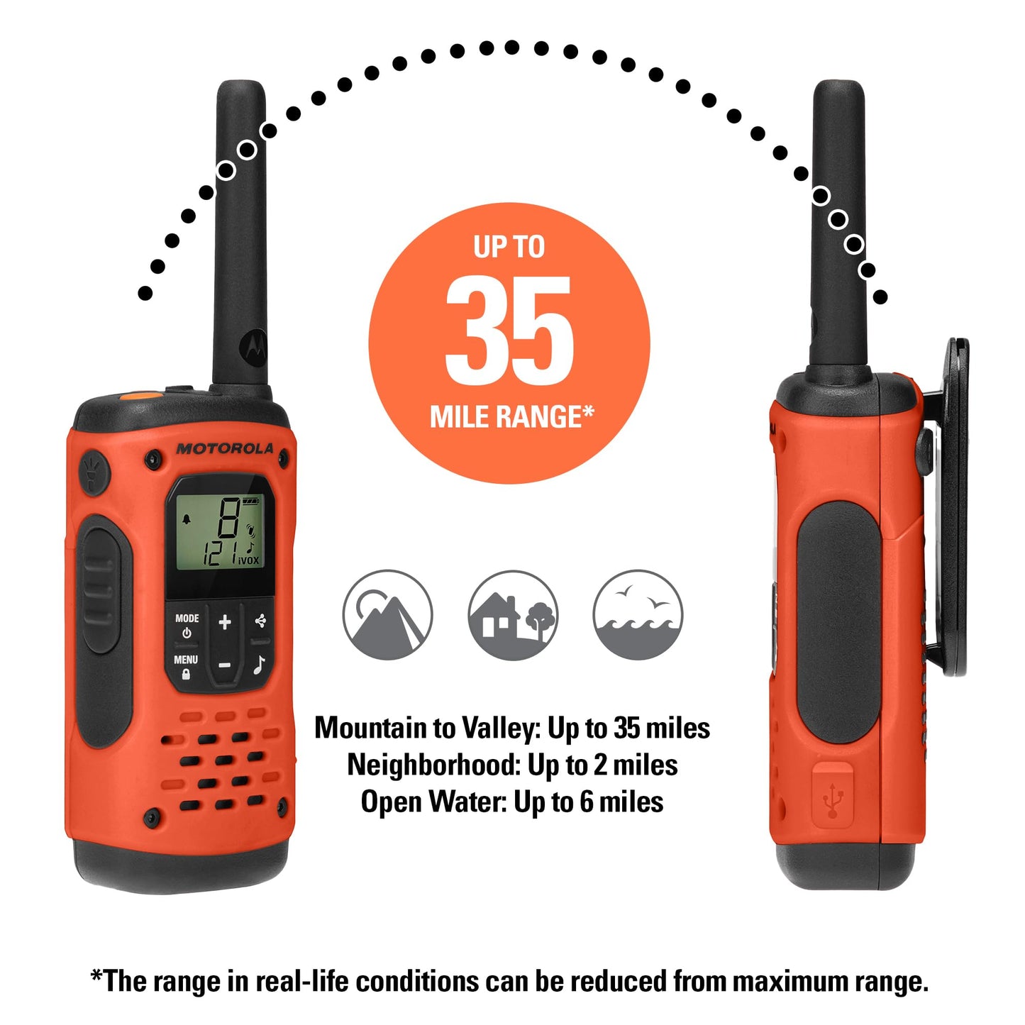 Motorola Solutions, Portable FRS, T605_H2O, Talkabout, Two Way Radios Waterproof Walkie Talkie Emergency Preparedness, Rechargeable, 22 Channel, 35 Mile, Orange W/Black, 2 Pack