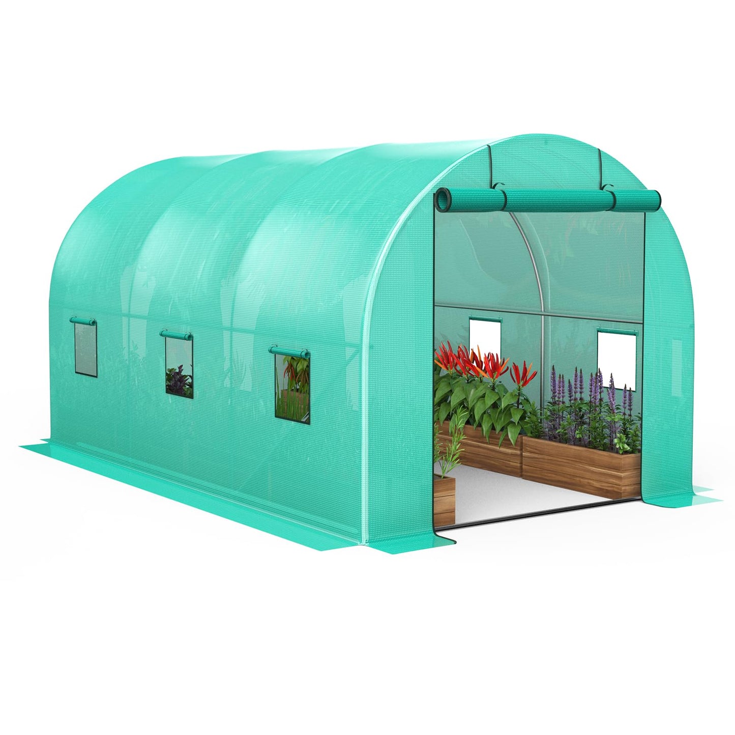 Patikuin Spacious Walk-in Tunnel Greenhouse – Sturdy Galvanized Steel Frame, Roll-Up Zipper Door, 6 Screen Windows, Heavy Duty Green PE Cover – Ideal for Garden Plants, Winter Vegetables, Seedlings