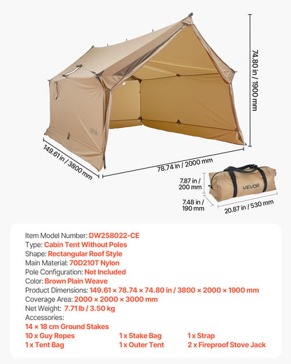 VEVOR Camping Hot Tent, 2 Persons Cabin Hot Tent with Stove Jack, Waterproof Winter Tents Shelters with Vents, Lightweight & Portable 4 Season Tents for Hiking Fishing Hunting Backpacking