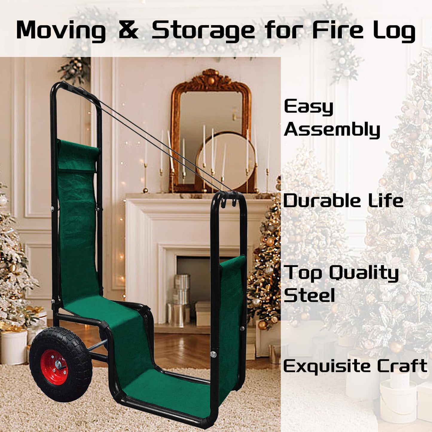 KAIDIDA Firewood Cart with Wheels: 44 X 27 X 20 in Heavy Duty 260 lbs Load Capacity Waterproof Easy Assembly Rack for Indoor Garden Backyard Fireplace Men Women Use with Rubber Wheels