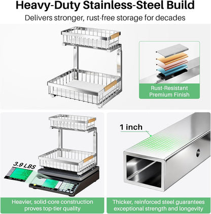 Skiennix Under Sink Organizer - Stainless Steel 2-Tier Storage Rack | Pull-Out Cabinet Shelf for Kitchen & Bathroom