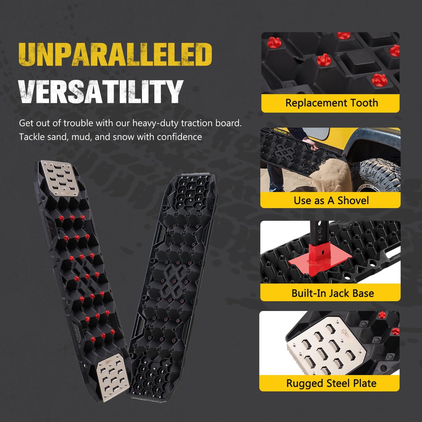 BUNKER INDUST Gen 11th Traction Boards with Mounting Kit, Pair Offroad Recovery Tracks with Jack Base for 4X4 Jeep Truck Tire Traction-Sand,Mud, Snow Ramps (Black)