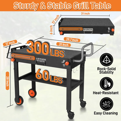Outdoor Grill Table for Blackstone Griddle 17/22 inch, Blackstone Griddle Stand with Caddy, Folding Grill Cart for Ninja Grills, Movable Food Prep Cart with Wheels for Tailgating, Camping etc.