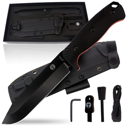 Holtzman's Gorilla Survival Lavaline Fixed Blade Hunting Knife with Sheath, Fire Starter, G10 Scraper & Paracord (Black+Orange) - Durable 1095 High Carbon Steel