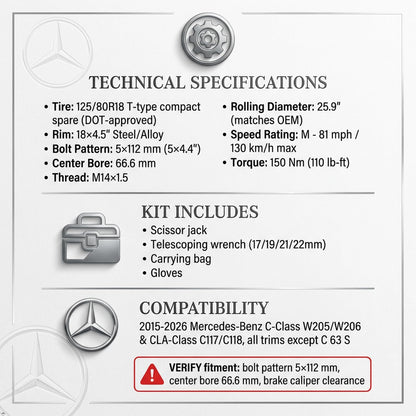 Spare Tire Kit Compatible with 2015-2026 Mercedes C‑Class & CLA‑Class (Except C63 S) | 125/80R18 Compact Spare Wheel with 18x4.5 Rim | Complete Roadside Kit Includes Jack, Lug Wrench & Storage Bag