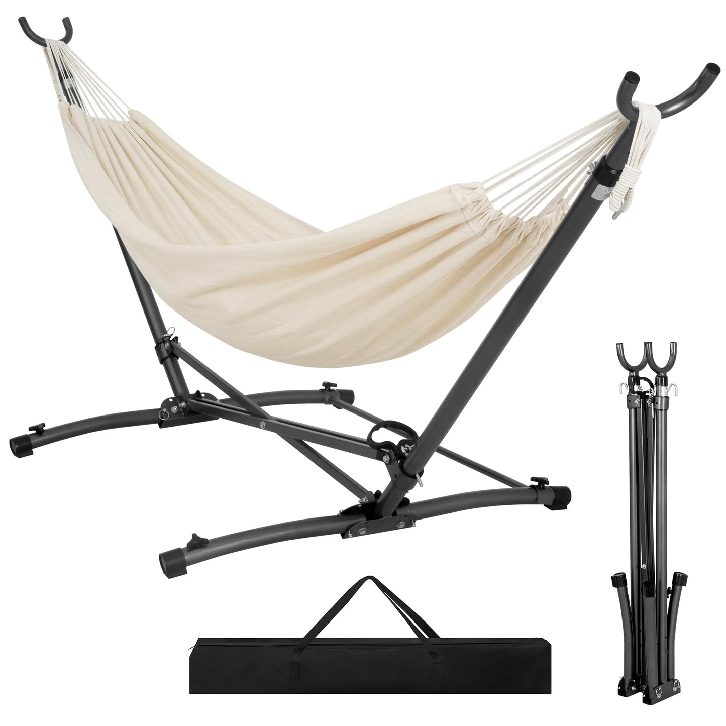 Homgava Portable Hammock with Folding Hammock Stand,Heavy Duty Steel Hammock Stand for Indoor and Outdoor with Carrying Bag,3 Holes for Height Adjustment, 550 LBS Weight Capacity,Off White