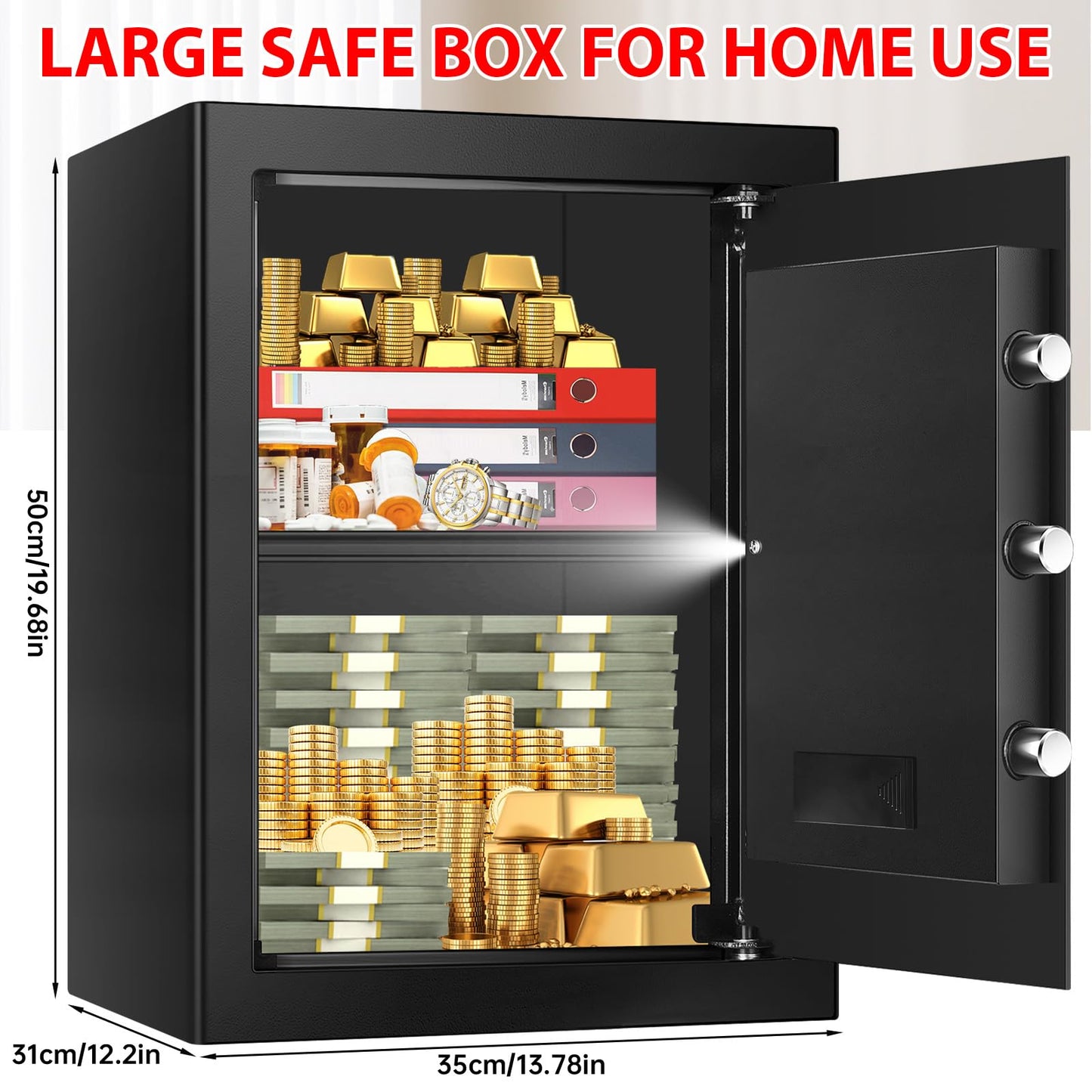 3.4 Cubic Home Safe Fireproof Waterproof, Fire Safe Box for Home with Digital Keypad, Key Lock and Alarm System, Anti-theft Security Safes Water and Fireproof for Document Medicine Money Valuables
