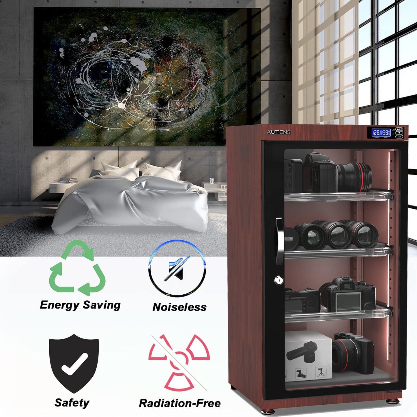 AUTENS 105L Dehumidifying Dry Cabinet Box, Wood grain Design Digital Control Noiseless and Energy Saving,4 layer for Camera Lens and Electronic Equipment Storage,Temperature Humidity LED Dual Screen