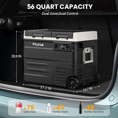 Pitycbo Car Refrigerator 12v Portable Fridge for Car, Auto 56 Quart Dual Zone Freezer Compressor Cooler, -4℉—68℉ 12/24V DC 100~240 Volt AC for Truck, Camping, Travel, Vehicles, RV