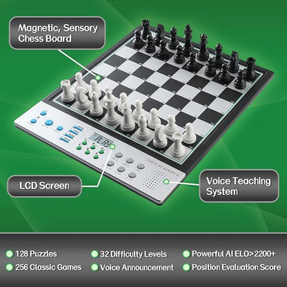 Advanced Electronic Chess Board Smart Computer Chess Set AI Voice Coach Learning for Kids ELO 2200+ for Improving Players Magnetic Large Pieces &amp Board Perfect for Adults LCD Display(Silver)