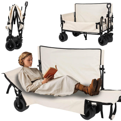 Portable Collapsible Folding Wagon, 550LBS Heavy Duty Utility Carts,Reclining Camper, Expandable Storage, Padded and Wheeled, All Terrain Wheels, Great for Camping, Outdoors, Shopping (White)