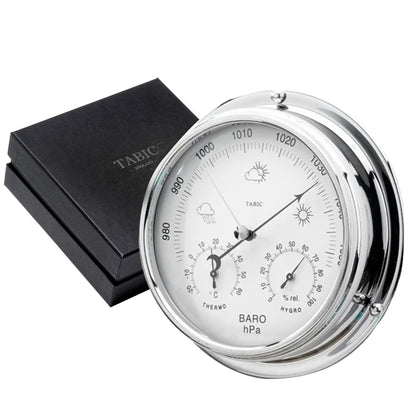 Tabic Chrome Barometer with Built-in Hygrometer &Thermometer - Analog Weather Station for Home & Outdoor Use - Handmade in England - Heavy Chrome Plated Brass Case (1/2kg), 6in x 2in