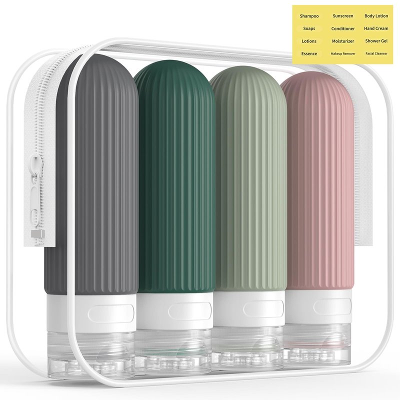 ME.FAN Travel Bottles for Toiletries, TSA Approved 3oz Silicone Journey Size Containers, Portable Split Bottle for Conditioner, Shampoo, Lotion- 4 Pack Morandi