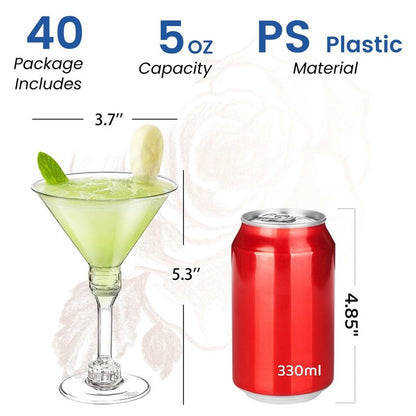 CALBODE 40 Pack Plastic Martini Glasses 5 Oz Disposable Cocktail Glasses, Tall Mini Martini Cups, Plastic Margarita Glasses Perfect for Spring Party Birthday Wedding Easter and All Events