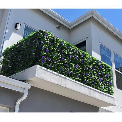 GLANT Expandable Fence Privacy Screen for Balcony Patio Outdoor,Decorative Faux Ivy Fencing Panel,Artificial Hedges (Single Sided Leaves) (4, Purple Flowers)