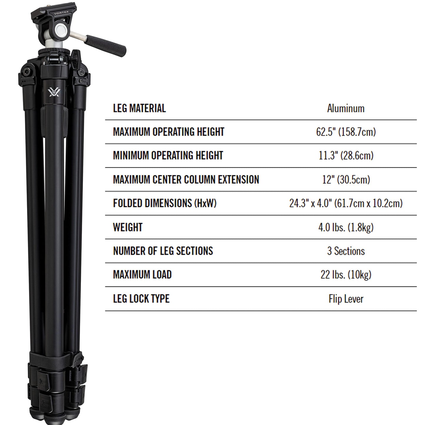 Vortex Optics High Country II Tripod Kit - Aluminum Tripod, 2-Way Pan Head, 22 lb Max Load, Rubber Feet - Unlimited, Unconditional Warranty