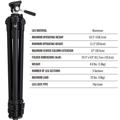 Vortex Optics High Country II Tripod Kit - Aluminum Tripod, 2-Way Pan Head, 22 lb Max Load, Rubber Feet - Unlimited, Unconditional Warranty