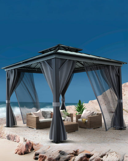 GarveeHome Outdoor Gazebo 10x10 Hardtop, Permanent Pavilion with Aluminum Frame, Double Roof, Mosquito Net & Privacy Curtains. Ideal Canopy Tent for Patio, Garden, Deck.Carpa para Patio for Parties