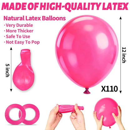 110pcs Hot Pink Balloon 12 inch, Hot Pink Latex Balloons for Birthday Party Baby Shower Wedding(with 2 Ribbons).