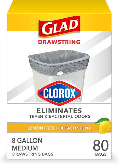 Glad Medium Trash Bags - 8 Gallon Lemon Fresh Bleach Garbage Bags | Odor-Resistant with Drawstring, 80 Count