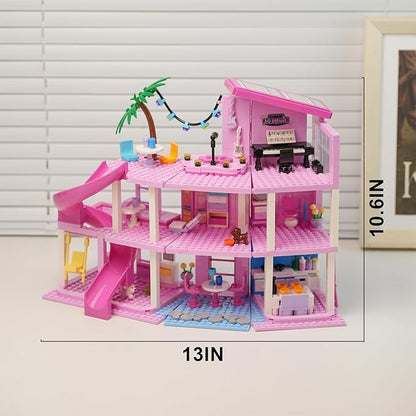 ENJBRICK Pink Music Villa with Spiral Slide 656Pcs Pop Star House Building Toy w/Piano &amp Microphone 3-Story Friends Cottage Compatible with Lego Birthday for Girls 8-12